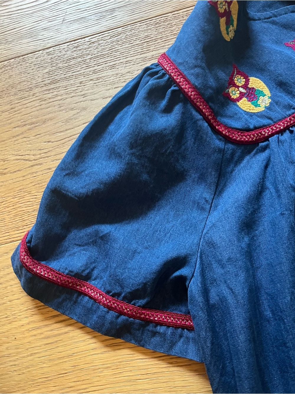 Cottagecore Denim Owl Embroidered Navy Midi Dress with Red Trim - Picture 3 of 6